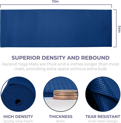 Ascend 6mm Thick Yoga Mat, 72x24in | Premium Non Slip Exercise Mat for Pilates, Workout, Stretching, Fitness, Training - Gym Mat for Home and Studio