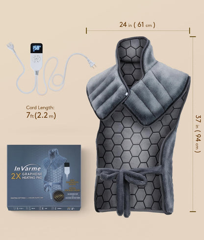 Neck-Back Far Infrared Heating Pad: 2X Graphene and Luxury Plush Electric Heating Pad for Neck Shoulders Back - 3X Deeper Pain Relief for Mom Dad in Full Body - 24” X 37” 3H Auto Off
