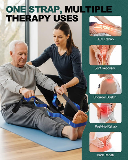 Non-Elastic Stretching Strap with Loops for Physical Therapy & Rehab, Knee Hip Leg ROM Post-Surgery, Yoga Strap for Stretching, Leg Lifter Strap Mobility Aid, Hamstring Calf Back