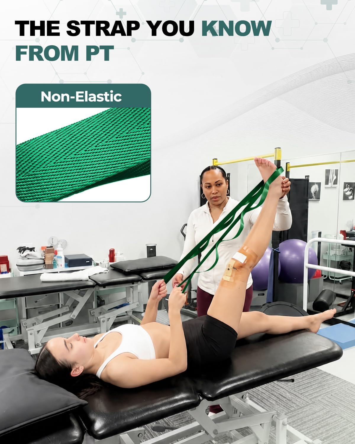 Non-Elastic Stretching Strap with Loops for Physical Therapy & Rehab, Knee Hip Leg ROM Post-Surgery, Yoga Strap for Stretching, Leg Lifter Strap Mobility Aid, Hamstring Calf Back