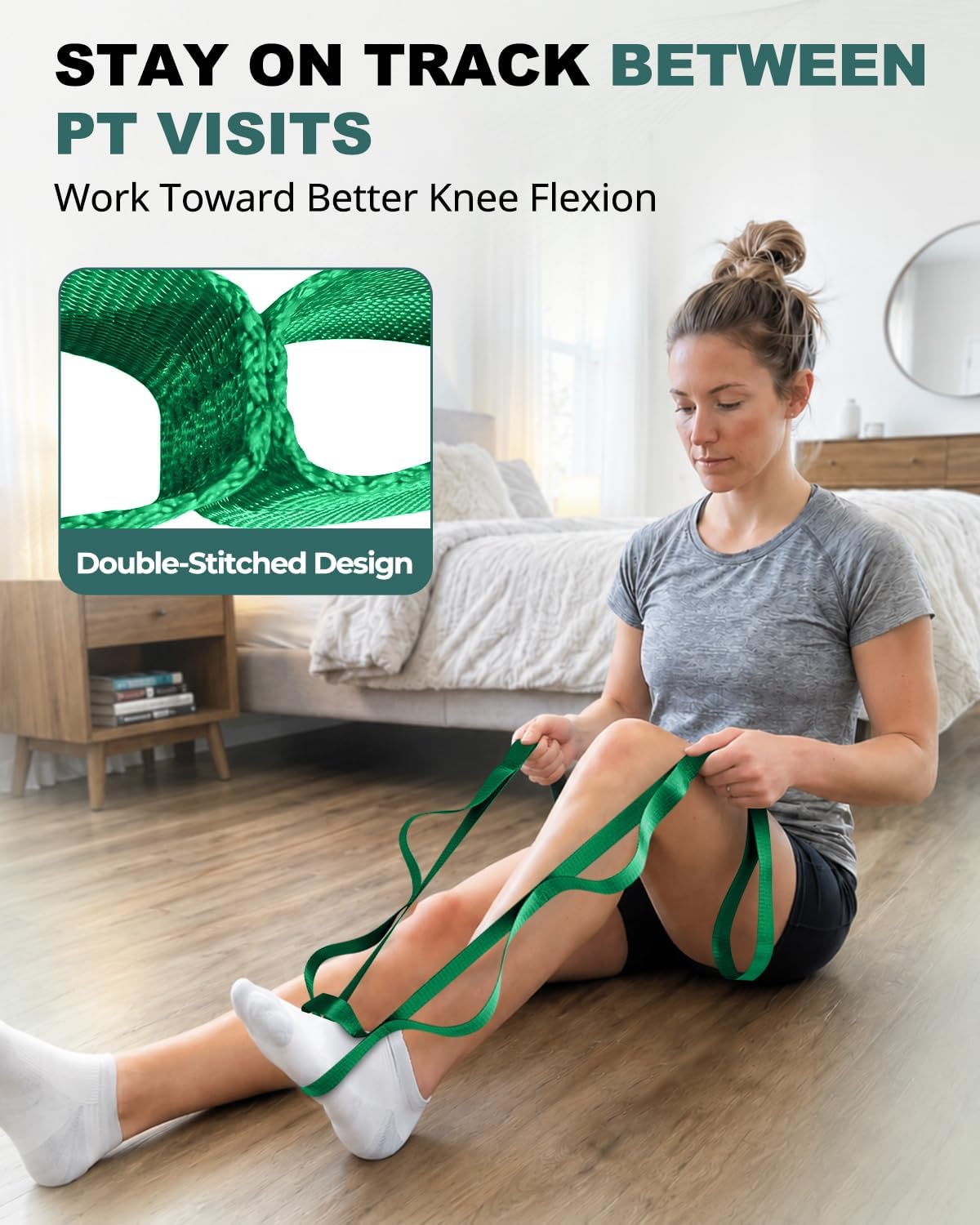 Non-Elastic Stretching Strap with Loops for Physical Therapy & Rehab, Knee Hip Leg ROM Post-Surgery, Yoga Strap for Stretching, Leg Lifter Strap Mobility Aid, Hamstring Calf Back