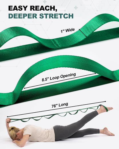 Non-Elastic Stretching Strap with Loops for Physical Therapy & Rehab, Knee Hip Leg ROM Post-Surgery, Yoga Strap for Stretching, Leg Lifter Strap Mobility Aid, Hamstring Calf Back