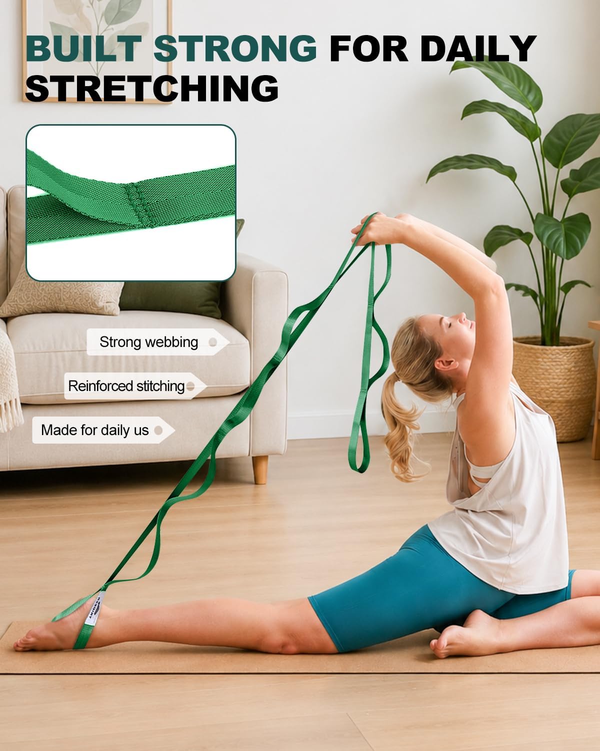 Non-Elastic Stretching Strap with Loops for Physical Therapy & Rehab, Knee Hip Leg ROM Post-Surgery, Yoga Strap for Stretching, Leg Lifter Strap Mobility Aid, Hamstring Calf Back