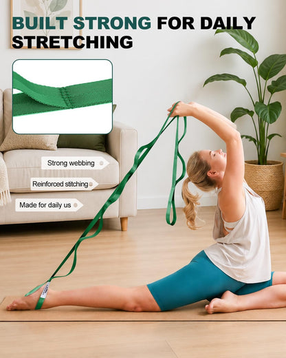 Non-Elastic Stretching Strap with Loops for Physical Therapy & Rehab, Knee Hip Leg ROM Post-Surgery, Yoga Strap for Stretching, Leg Lifter Strap Mobility Aid, Hamstring Calf Back