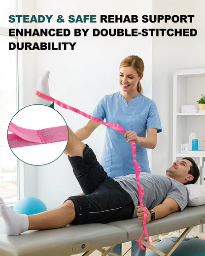 Non-Elastic Stretching Strap with Loops for Physical Therapy & Rehab, Knee Hip Leg ROM Post-Surgery, Yoga Strap for Stretching, Leg Lifter Strap Mobility Aid, Hamstring Calf Back