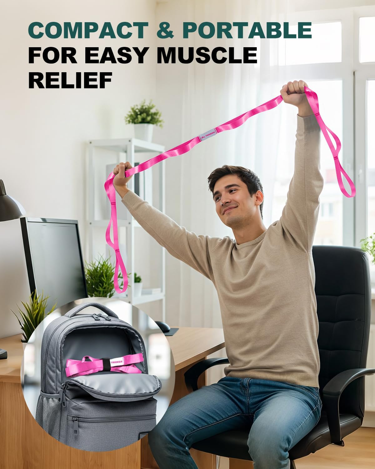 Non-Elastic Stretching Strap with Loops for Physical Therapy & Rehab, Knee Hip Leg ROM Post-Surgery, Yoga Strap for Stretching, Leg Lifter Strap Mobility Aid, Hamstring Calf Back