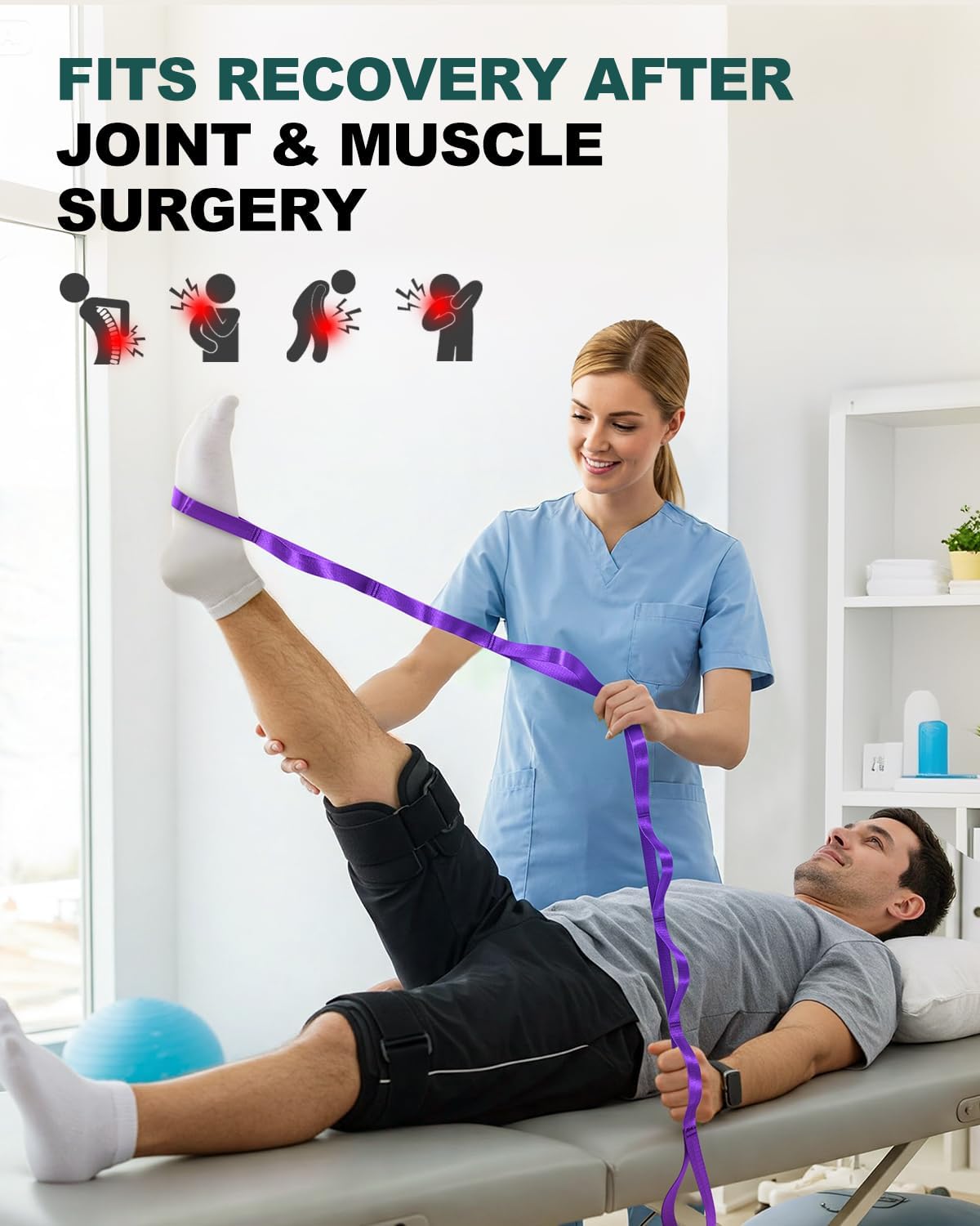 Non-Elastic Stretching Strap with Loops for Physical Therapy & Rehab, Knee Hip Leg ROM Post-Surgery, Yoga Strap for Stretching, Leg Lifter Strap Mobility Aid, Hamstring Calf Back