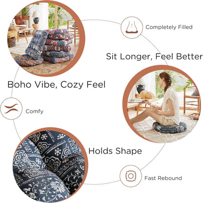 Meditation Floor Pillow Set of 2, Large Pillows Seating for Adults and Teens, Bohemian Cushion for Fireplace Yoga Living Room Sitting, Memory Foam Added, 22x22 Inch Indigo Elephant