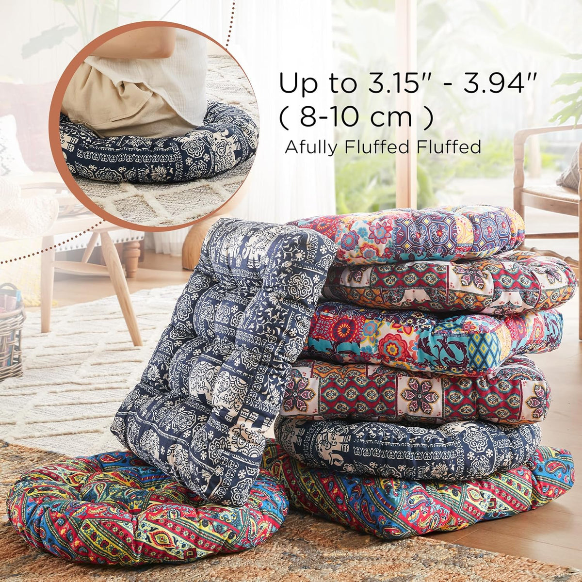 Meditation Floor Pillow Set of 2, Large Pillows Seating for Adults and Teens, Bohemian Cushion for Fireplace Yoga Living Room Sitting, Memory Foam Added, 22x22 Inch Indigo Elephant