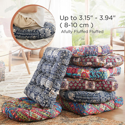 Meditation Floor Pillow Set of 2, Large Pillows Seating for Adults and Teens, Bohemian Cushion for Fireplace Yoga Living Room Sitting, Memory Foam Added, 22x22 Inch Indigo Elephant