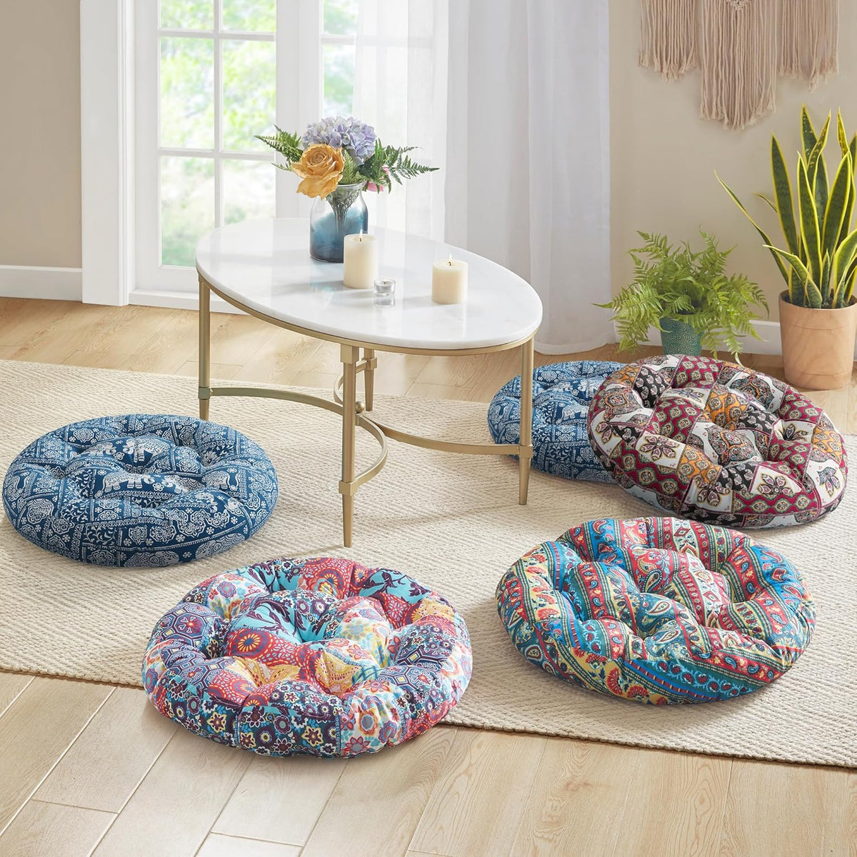 Meditation Floor Pillow Set of 2, Large Pillows Seating for Adults and Teens, Bohemian Cushion for Fireplace Yoga Living Room Sitting, Memory Foam Added, 22x22 Inch Indigo Elephant