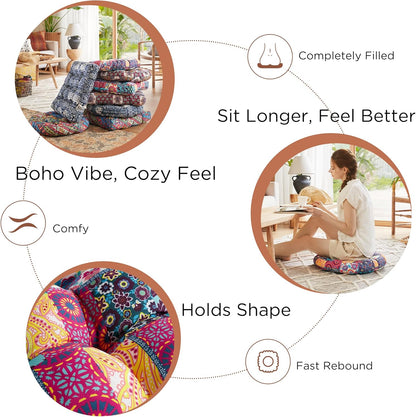 Meditation Floor Pillow Set of 2, Large Pillows Seating for Adults and Teens, Bohemian Cushion for Fireplace Yoga Living Room Sitting, Memory Foam Added, 22x22 Inch Indigo Elephant