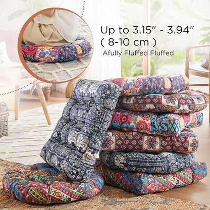 Meditation Floor Pillow Set of 2, Large Pillows Seating for Adults and Teens, Bohemian Cushion for Fireplace Yoga Living Room Sitting, Memory Foam Added, 22x22 Inch Indigo Elephant