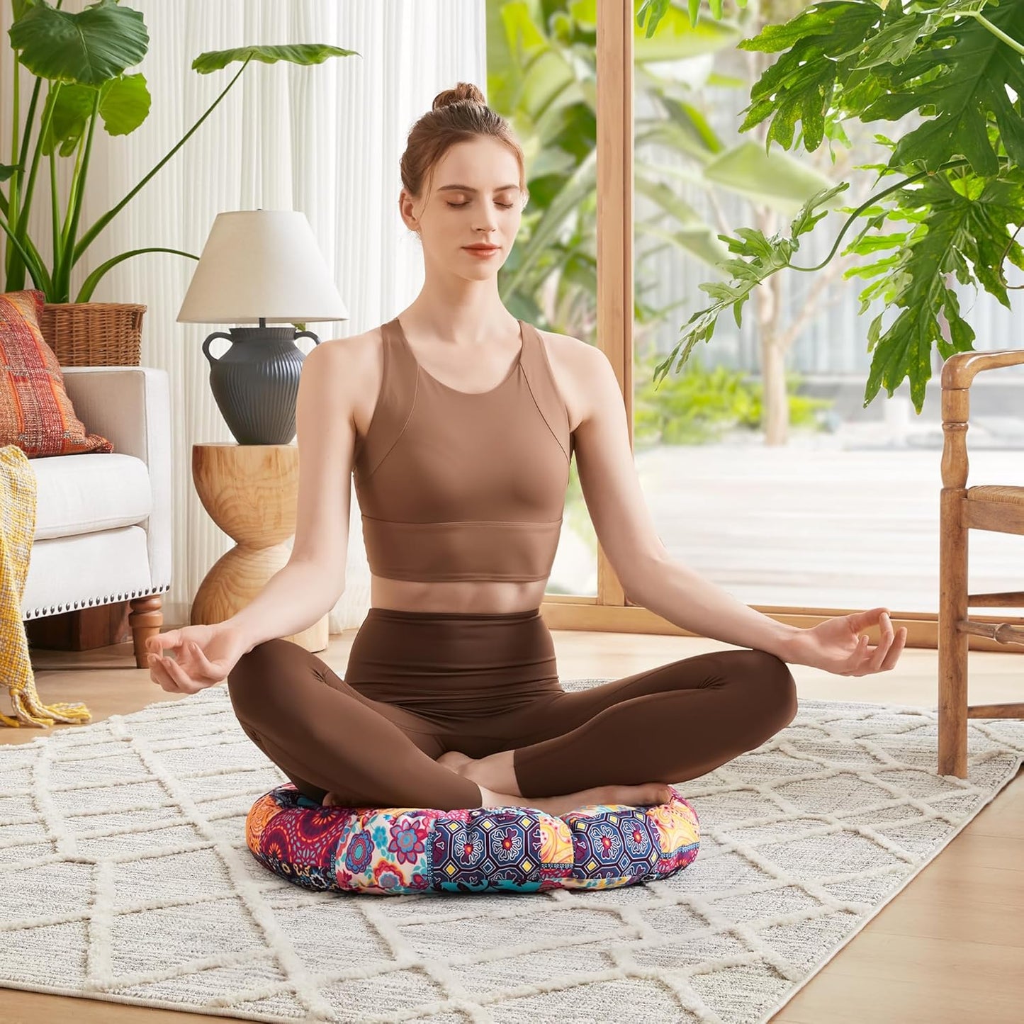 Meditation Floor Pillow Set of 2, Large Pillows Seating for Adults and Teens, Bohemian Cushion for Fireplace Yoga Living Room Sitting, Memory Foam Added, 22x22 Inch Indigo Elephant