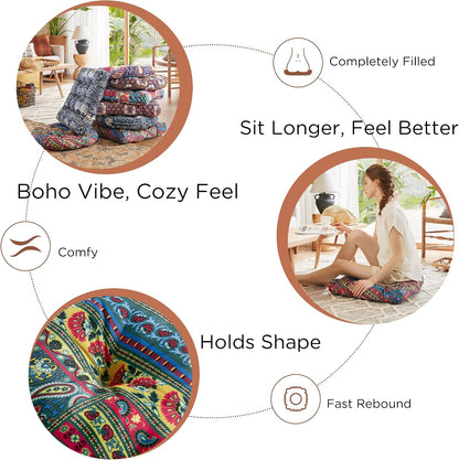 Meditation Floor Pillow Set of 2, Large Pillows Seating for Adults and Teens, Bohemian Cushion for Fireplace Yoga Living Room Sitting, Memory Foam Added, 22x22 Inch Indigo Elephant
