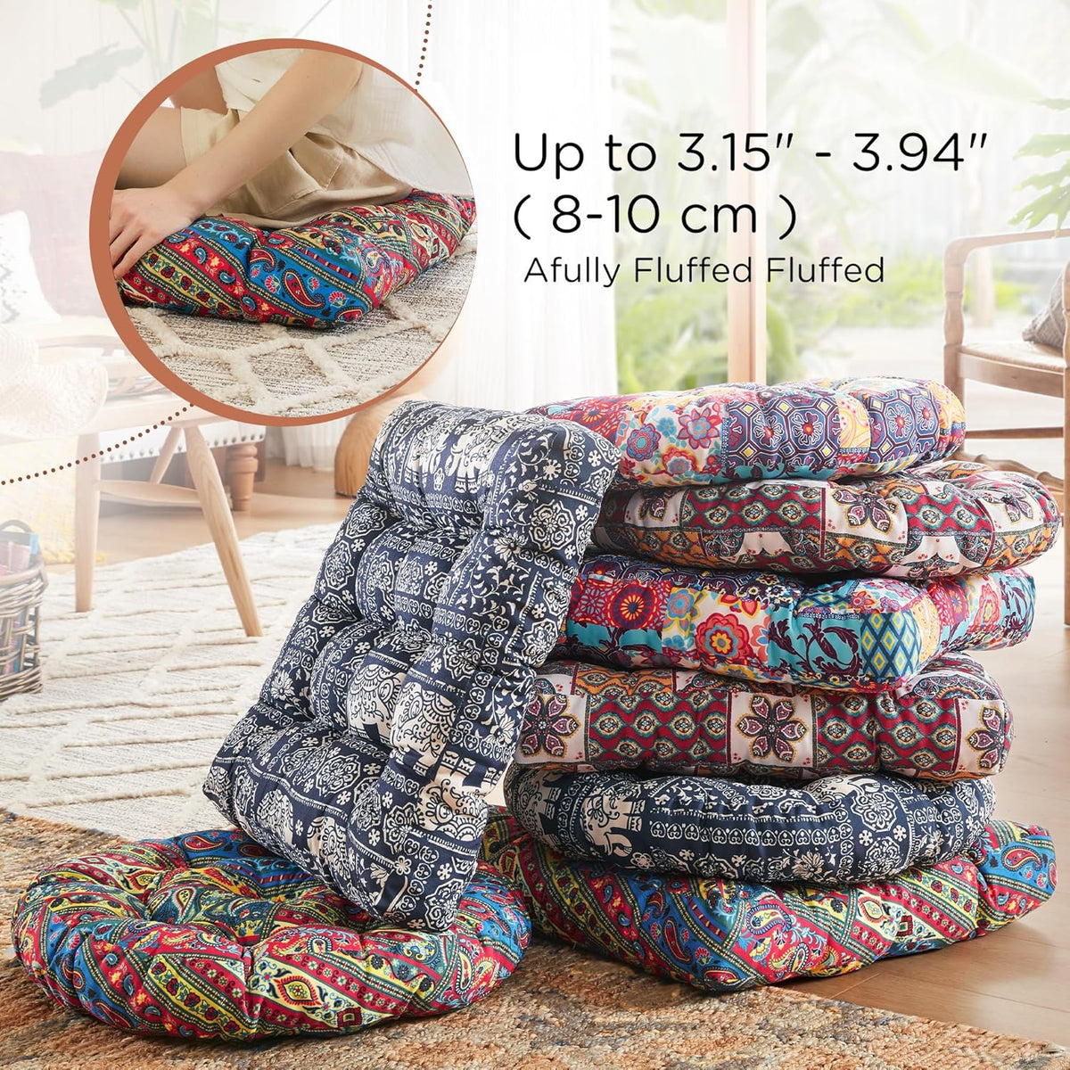 Meditation Floor Pillow Set of 2, Large Pillows Seating for Adults and Teens, Bohemian Cushion for Fireplace Yoga Living Room Sitting, Memory Foam Added, 22x22 Inch Indigo Elephant