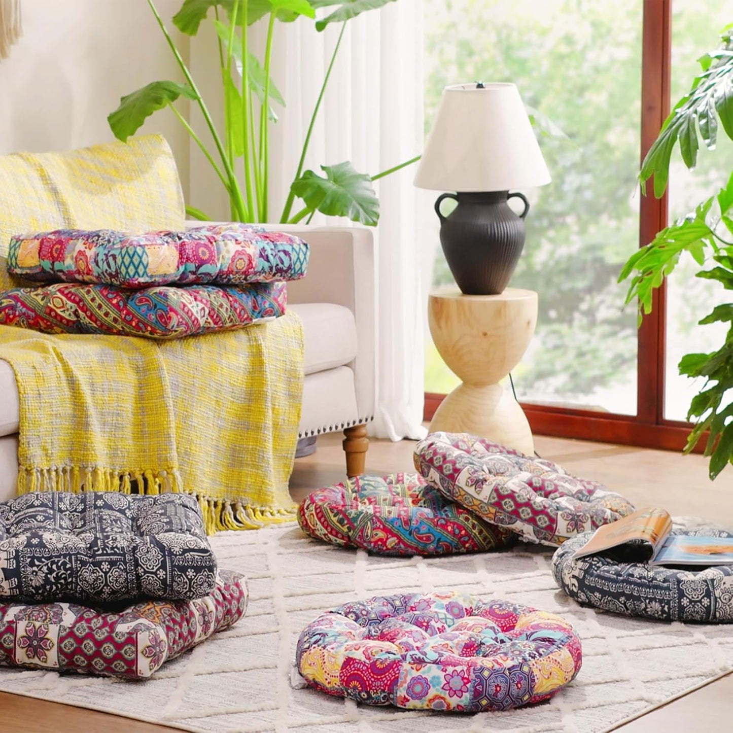 Meditation Floor Pillow Set of 2, Large Pillows Seating for Adults and Teens, Bohemian Cushion for Fireplace Yoga Living Room Sitting, Memory Foam Added, 22x22 Inch Indigo Elephant