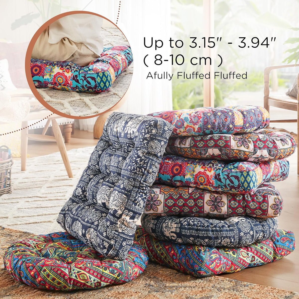 Meditation Floor Pillow Set of 2, Large Pillows Seating for Adults and Teens, Bohemian Cushion for Fireplace Yoga Living Room Sitting, Memory Foam Added, 22x22 Inch Indigo Elephant