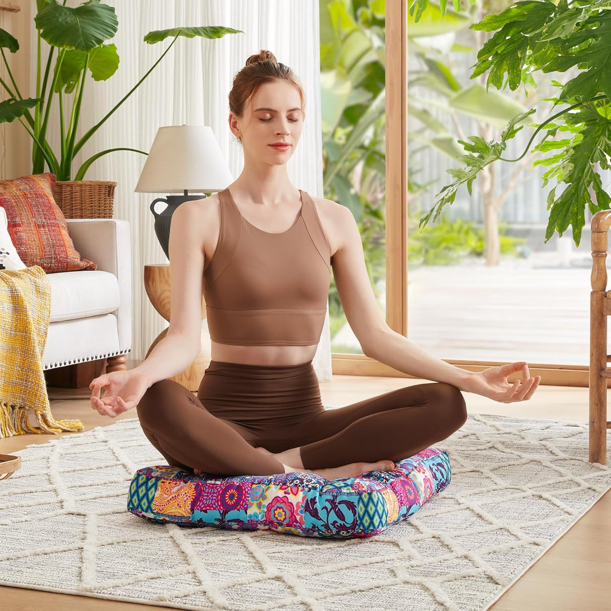 Meditation Floor Pillow Set of 2, Large Pillows Seating for Adults and Teens, Bohemian Cushion for Fireplace Yoga Living Room Sitting, Memory Foam Added, 22x22 Inch Indigo Elephant