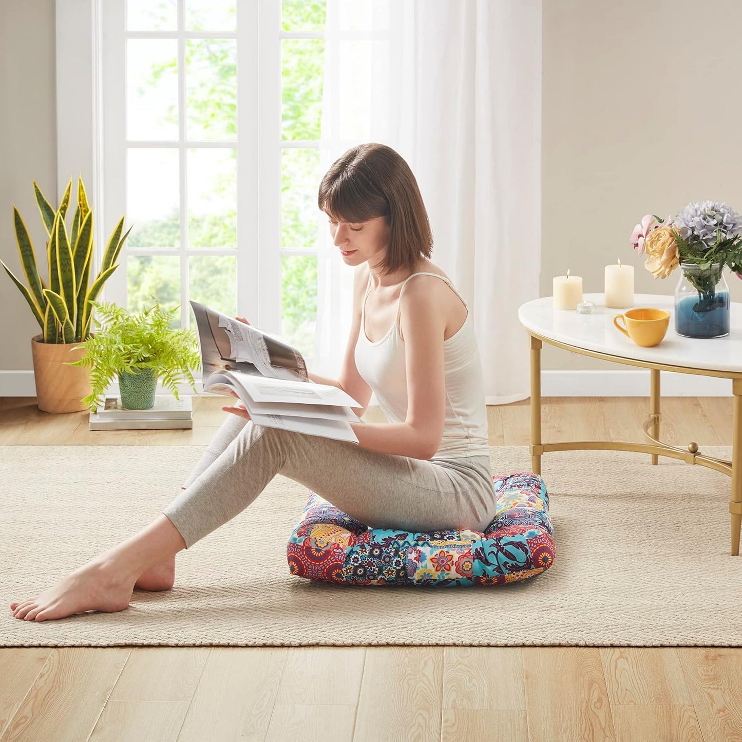 Meditation Floor Pillow Set of 2, Large Pillows Seating for Adults and Teens, Bohemian Cushion for Fireplace Yoga Living Room Sitting, Memory Foam Added, 22x22 Inch Indigo Elephant