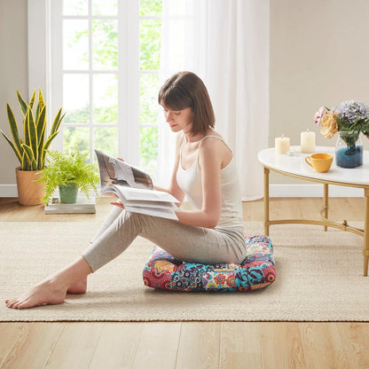 Meditation Floor Pillow Set of 2, Large Pillows Seating for Adults and Teens, Bohemian Cushion for Fireplace Yoga Living Room Sitting, Memory Foam Added, 22x22 Inch Indigo Elephant
