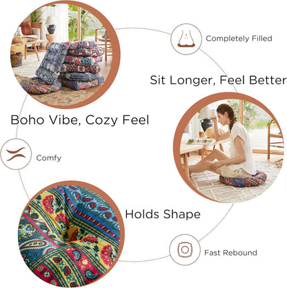 Meditation Floor Pillow Set of 2, Large Pillows Seating for Adults and Teens, Bohemian Cushion for Fireplace Yoga Living Room Sitting, Memory Foam Added, 22x22 Inch Indigo Elephant