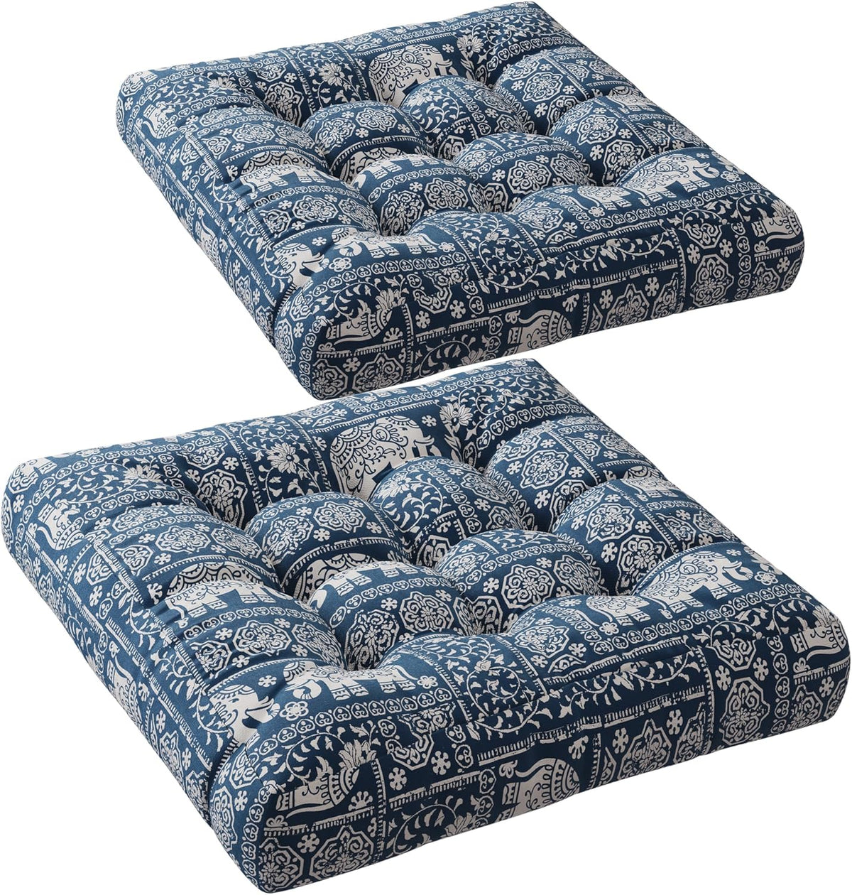 Meditation Floor Pillow Set of 2, Large Pillows Seating for Adults and Teens, Bohemian Cushion for Fireplace Yoga Living Room Sitting, Memory Foam Added, 22x22 Inch Indigo Elephant