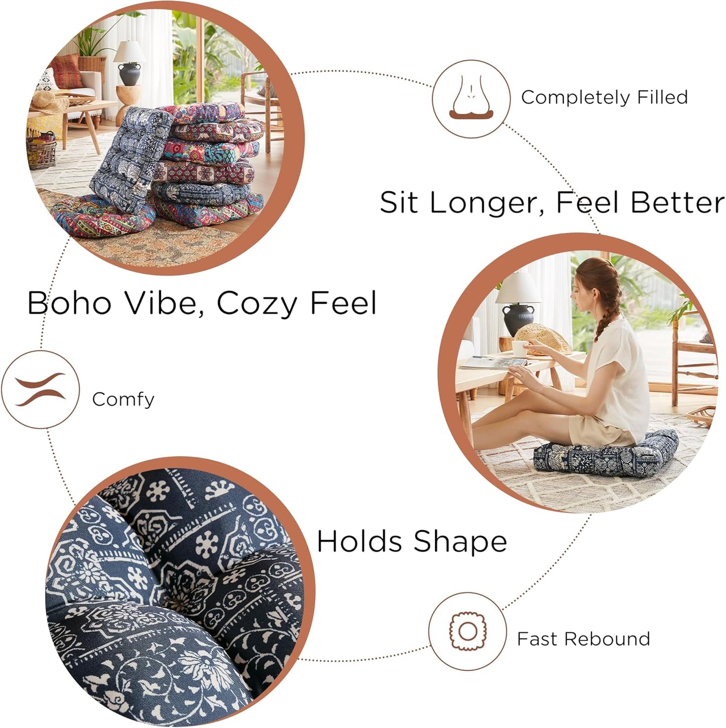 Meditation Floor Pillow Set of 2, Large Pillows Seating for Adults and Teens, Bohemian Cushion for Fireplace Yoga Living Room Sitting, Memory Foam Added, 22x22 Inch Indigo Elephant