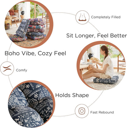 Meditation Floor Pillow Set of 2, Large Pillows Seating for Adults and Teens, Bohemian Cushion for Fireplace Yoga Living Room Sitting, Memory Foam Added, 22x22 Inch Indigo Elephant
