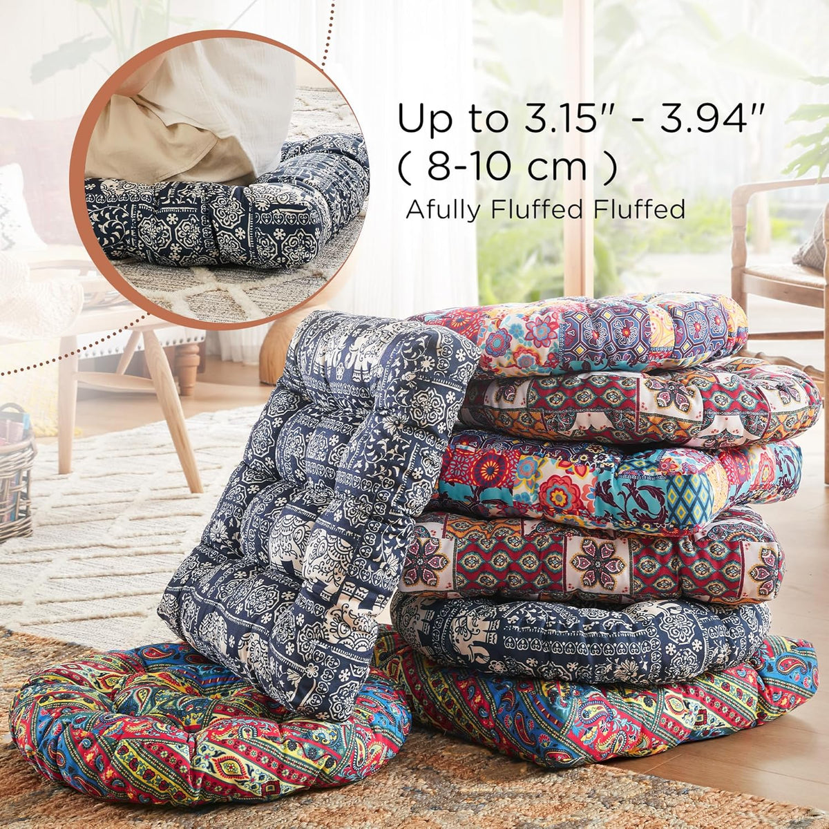Meditation Floor Pillow Set of 2, Large Pillows Seating for Adults and Teens, Bohemian Cushion for Fireplace Yoga Living Room Sitting, Memory Foam Added, 22x22 Inch Indigo Elephant