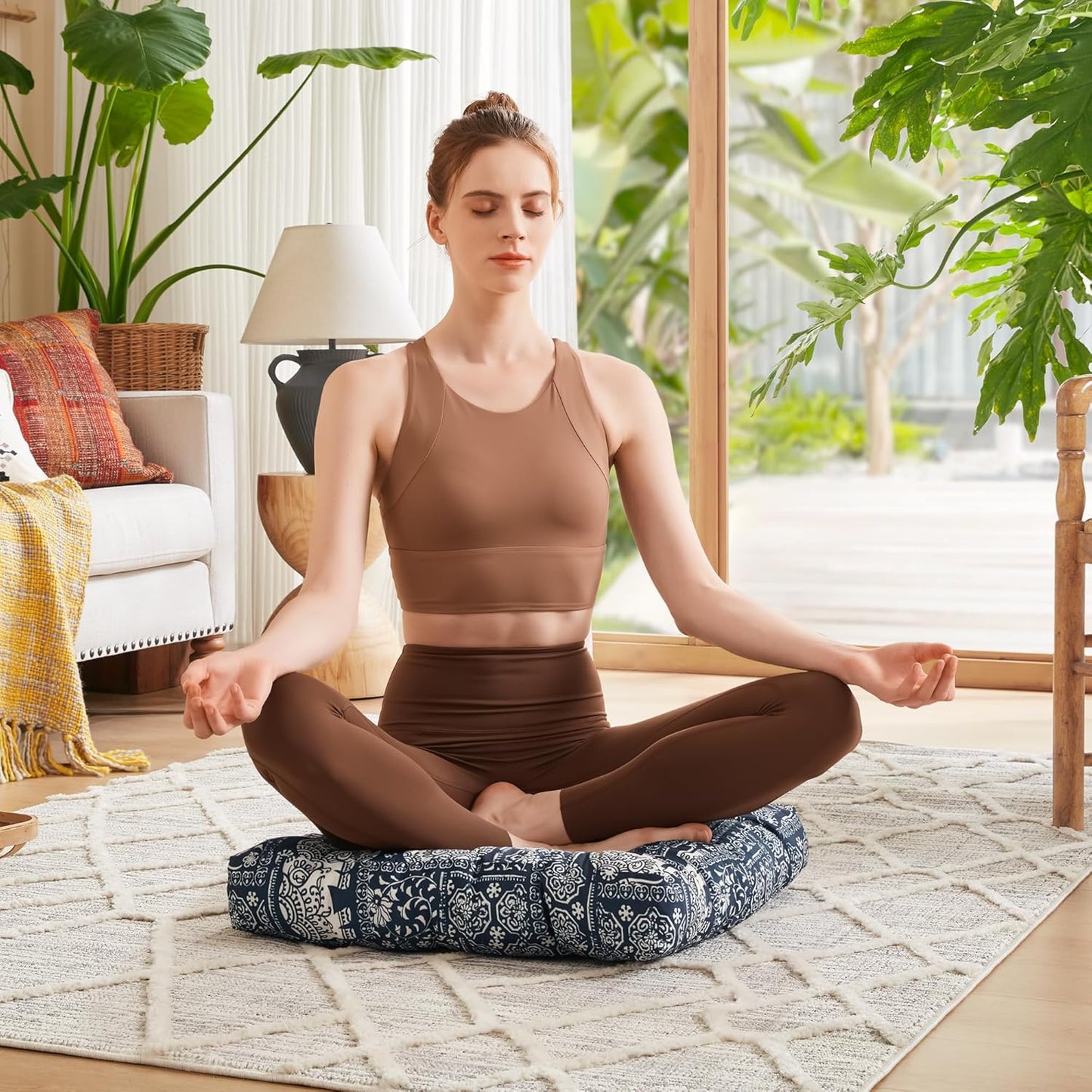 Meditation Floor Pillow Set of 2, Large Pillows Seating for Adults and Teens, Bohemian Cushion for Fireplace Yoga Living Room Sitting, Memory Foam Added, 22x22 Inch Indigo Elephant