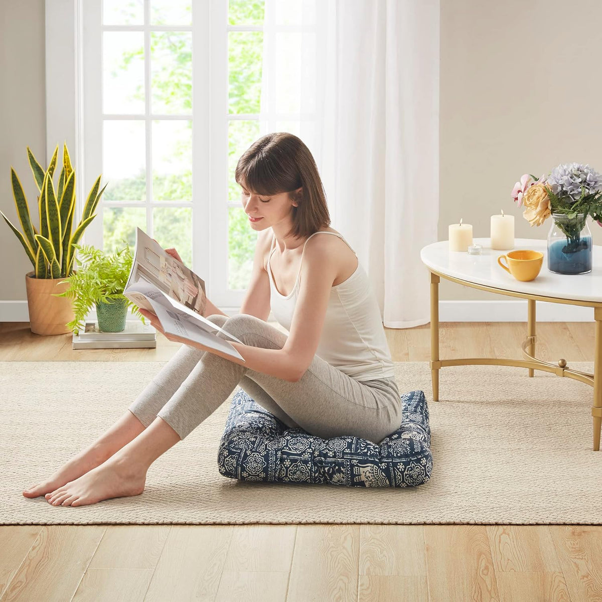 Meditation Floor Pillow Set of 2, Large Pillows Seating for Adults and Teens, Bohemian Cushion for Fireplace Yoga Living Room Sitting, Memory Foam Added, 22x22 Inch Indigo Elephant