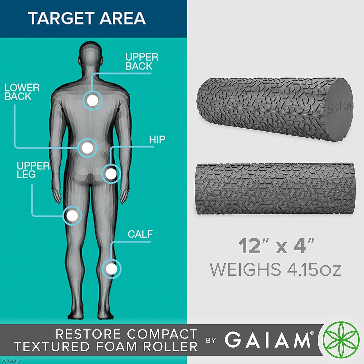 Restore Compact Textured Foam Roller, 12", Muscle Recovery | 12"L x 4" Diameter | Textured Surface | Deep Tissue Massage | Travel-Friendly | Muscle Recovery