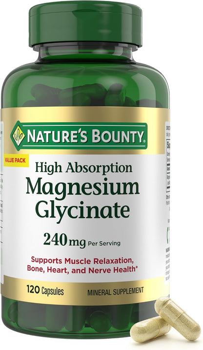 High Absorption Magnesium Glycinate 240 mg for Supporting Muscle Relaxation and Bone, Heart & Nerve Health – Non-GMO, Gluten-Free, Vegetarian, 120 Count/60 Servings