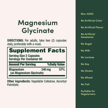 High Absorption Magnesium Glycinate 240 mg for Supporting Muscle Relaxation and Bone, Heart & Nerve Health – Non-GMO, Gluten-Free, Vegetarian, 120 Count/60 Servings