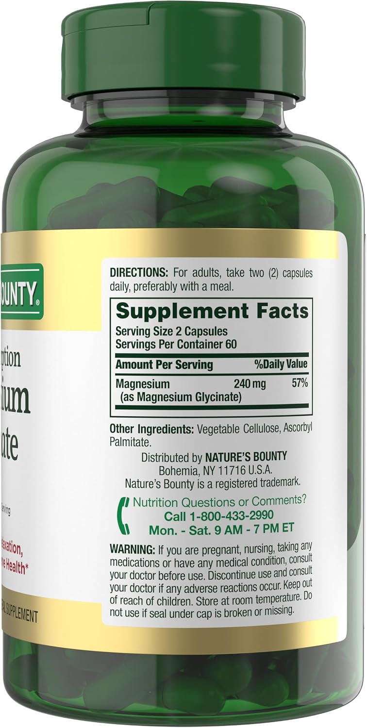 High Absorption Magnesium Glycinate 240 mg for Supporting Muscle Relaxation and Bone, Heart & Nerve Health – Non-GMO, Gluten-Free, Vegetarian, 120 Count/60 Servings