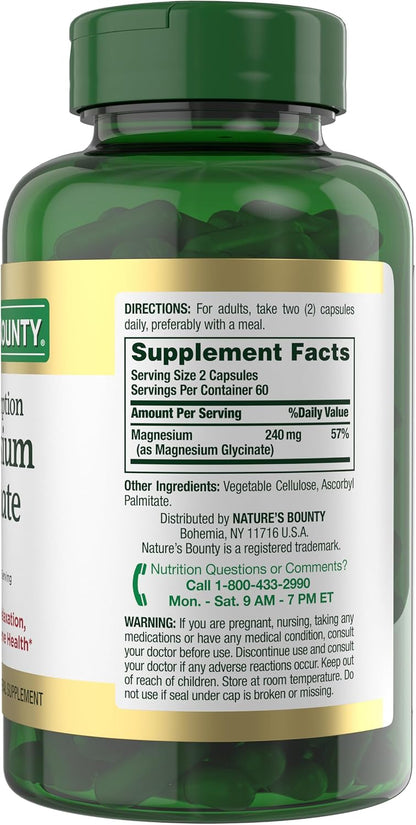 High Absorption Magnesium Glycinate 240 mg for Supporting Muscle Relaxation and Bone, Heart & Nerve Health – Non-GMO, Gluten-Free, Vegetarian, 120 Count/60 Servings