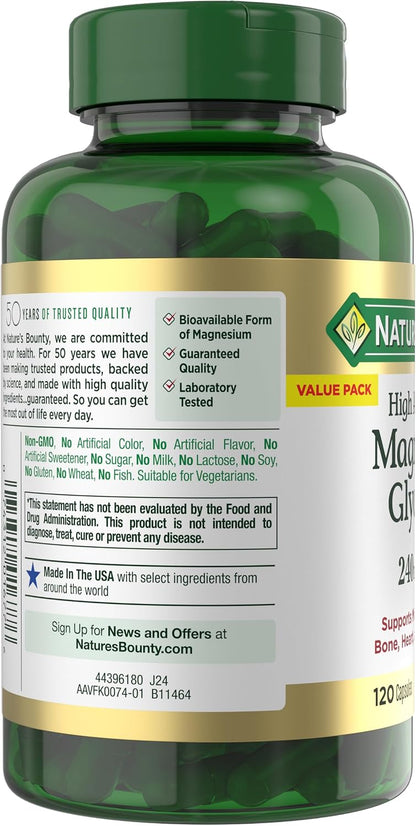High Absorption Magnesium Glycinate 240 mg for Supporting Muscle Relaxation and Bone, Heart & Nerve Health – Non-GMO, Gluten-Free, Vegetarian, 120 Count/60 Servings