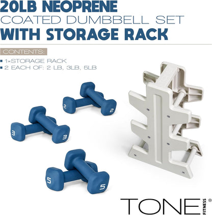 Neoprene Dumbbell Set with Storage Rack – Non-Slip, Anti-Roll Hand Weights for Home Gym Workouts | 20 lb, 32 lb, 50 lb, 60 lb & 100 lb Options