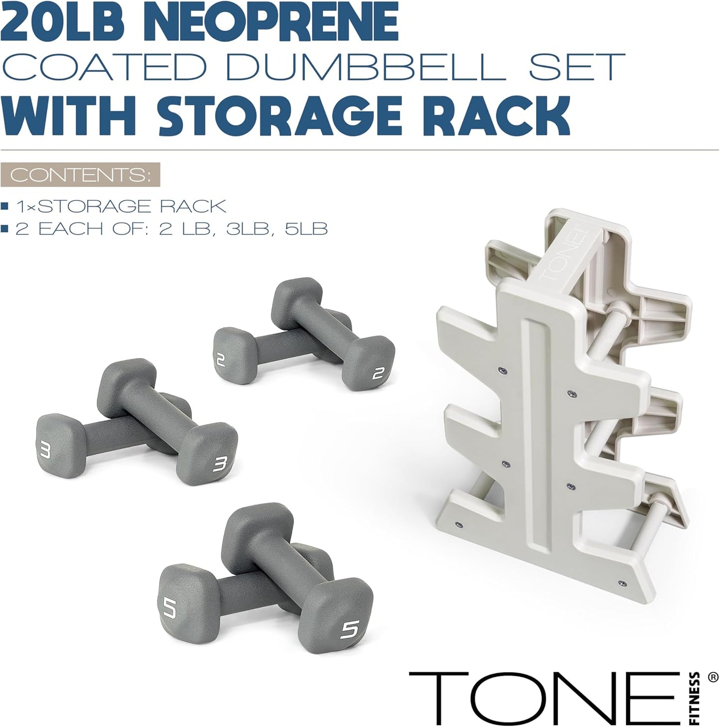 Neoprene Dumbbell Set with Storage Rack – Non-Slip, Anti-Roll Hand Weights for Home Gym Workouts | 20 lb, 32 lb, 50 lb, 60 lb & 100 lb Options