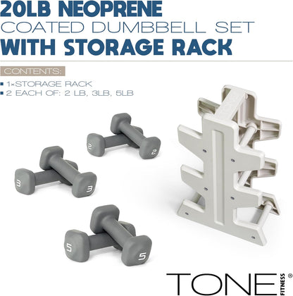 Neoprene Dumbbell Set with Storage Rack – Non-Slip, Anti-Roll Hand Weights for Home Gym Workouts | 20 lb, 32 lb, 50 lb, 60 lb & 100 lb Options