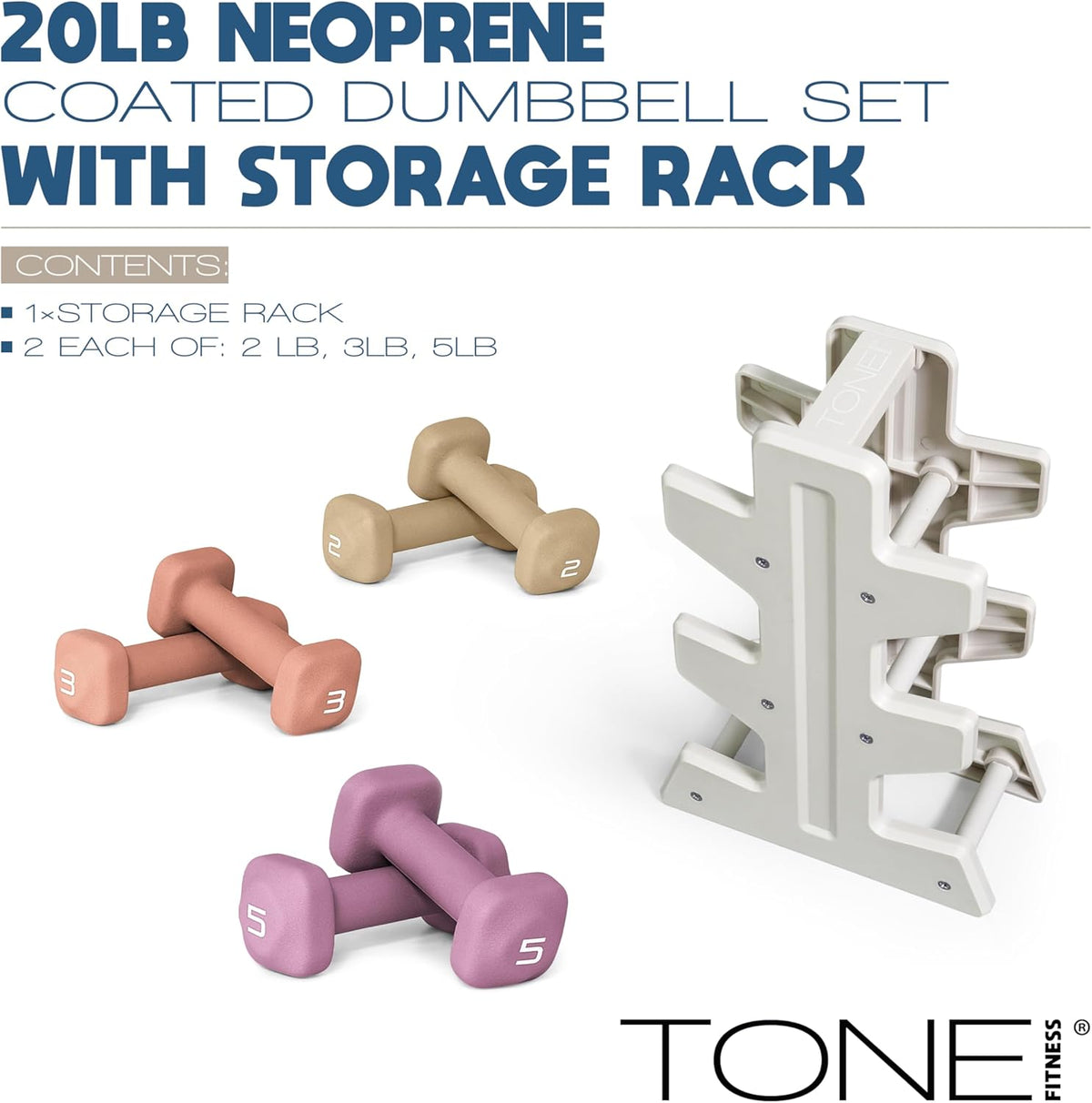Neoprene Dumbbell Set with Storage Rack – Non-Slip, Anti-Roll Hand Weights for Home Gym Workouts | 20 lb, 32 lb, 50 lb, 60 lb & 100 lb Options