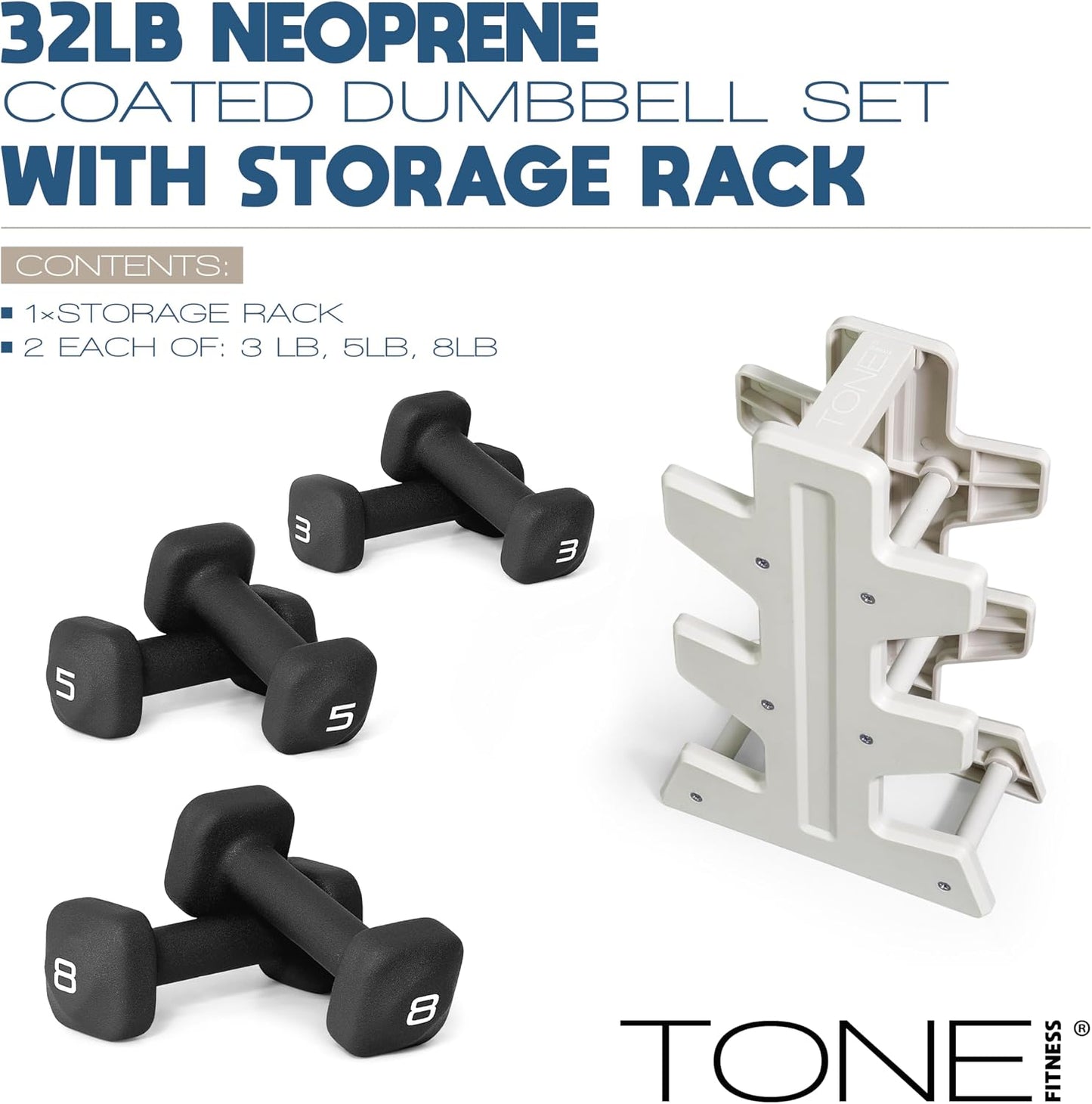 Neoprene Dumbbell Set with Storage Rack – Non-Slip, Anti-Roll Hand Weights for Home Gym Workouts | 20 lb, 32 lb, 50 lb, 60 lb & 100 lb Options