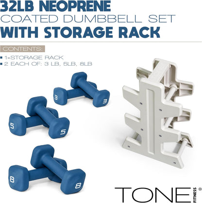 Neoprene Dumbbell Set with Storage Rack – Non-Slip, Anti-Roll Hand Weights for Home Gym Workouts | 20 lb, 32 lb, 50 lb, 60 lb & 100 lb Options