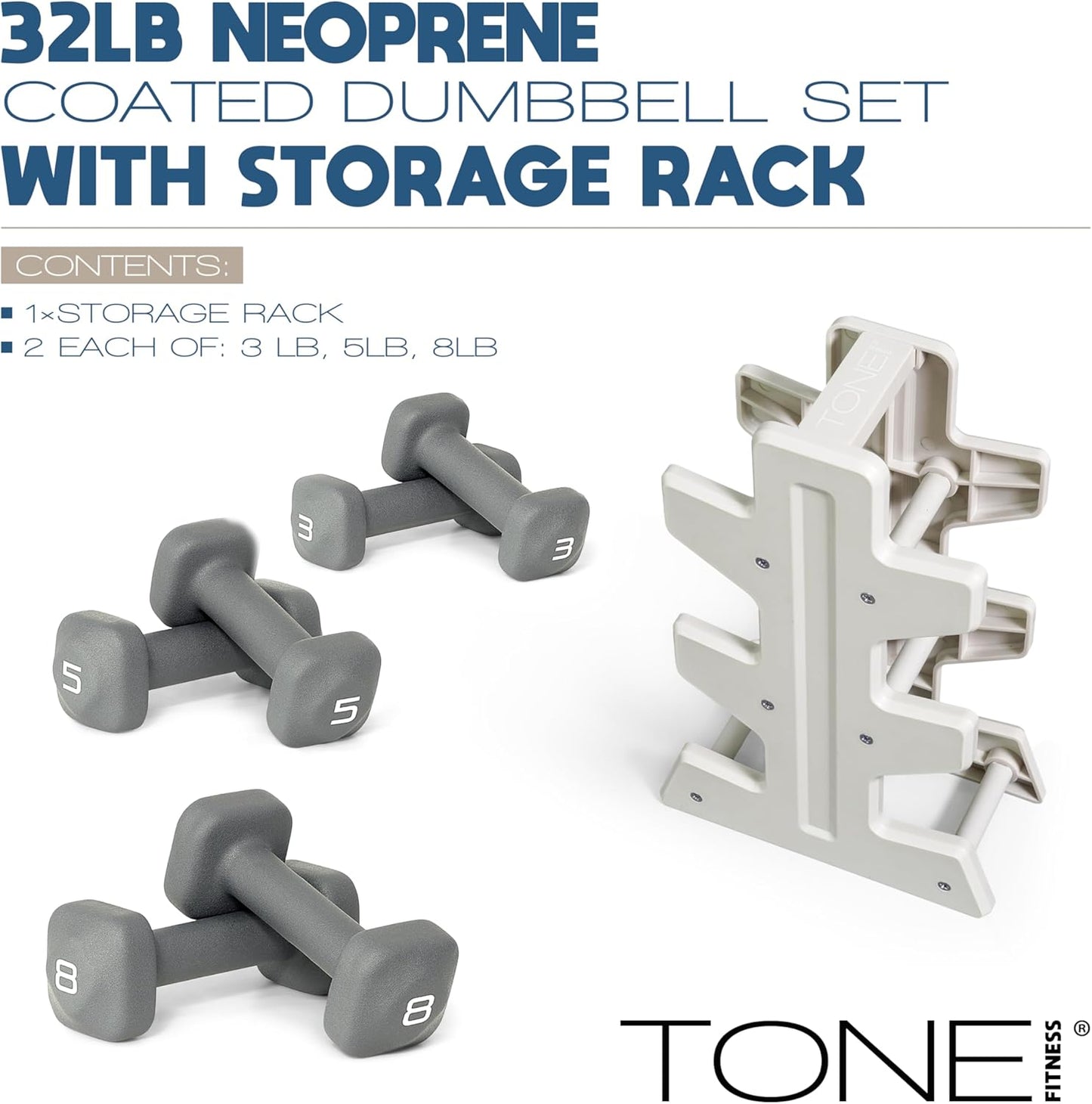 Neoprene Dumbbell Set with Storage Rack – Non-Slip, Anti-Roll Hand Weights for Home Gym Workouts | 20 lb, 32 lb, 50 lb, 60 lb & 100 lb Options