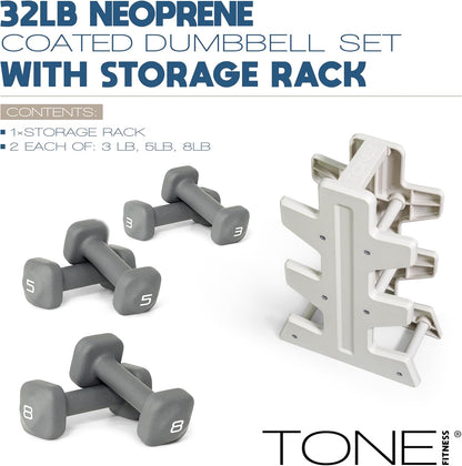 Neoprene Dumbbell Set with Storage Rack – Non-Slip, Anti-Roll Hand Weights for Home Gym Workouts | 20 lb, 32 lb, 50 lb, 60 lb & 100 lb Options