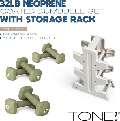Neoprene Dumbbell Set with Storage Rack – Non-Slip, Anti-Roll Hand Weights for Home Gym Workouts | 20 lb, 32 lb, 50 lb, 60 lb & 100 lb Options