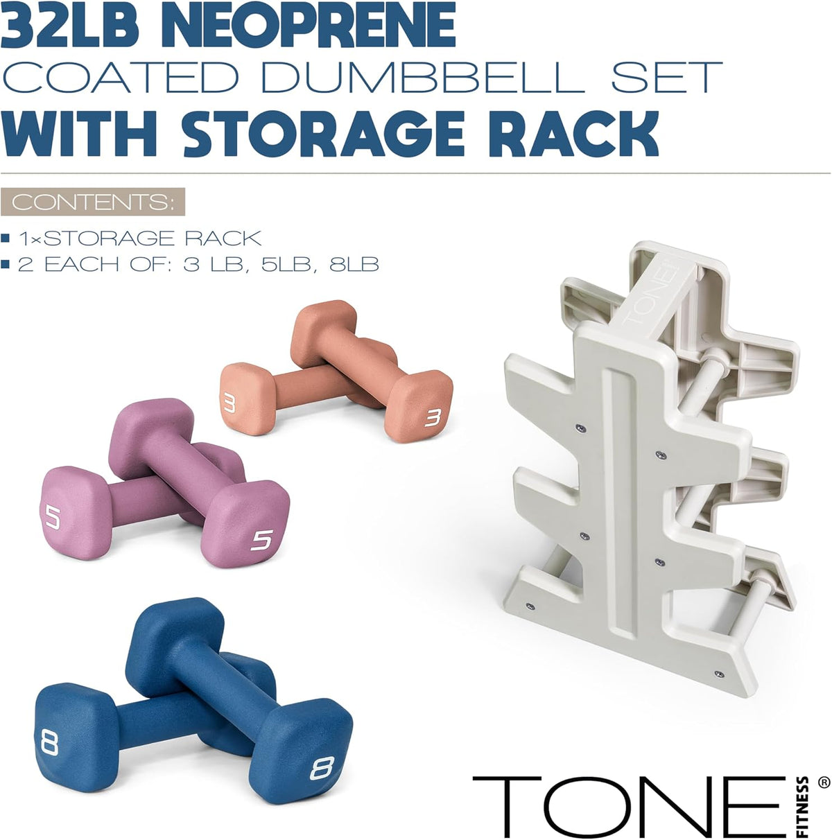 Neoprene Dumbbell Set with Storage Rack – Non-Slip, Anti-Roll Hand Weights for Home Gym Workouts | 20 lb, 32 lb, 50 lb, 60 lb & 100 lb Options
