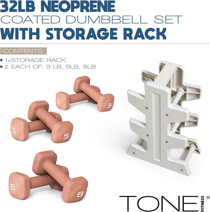 Neoprene Dumbbell Set with Storage Rack – Non-Slip, Anti-Roll Hand Weights for Home Gym Workouts | 20 lb, 32 lb, 50 lb, 60 lb & 100 lb Options