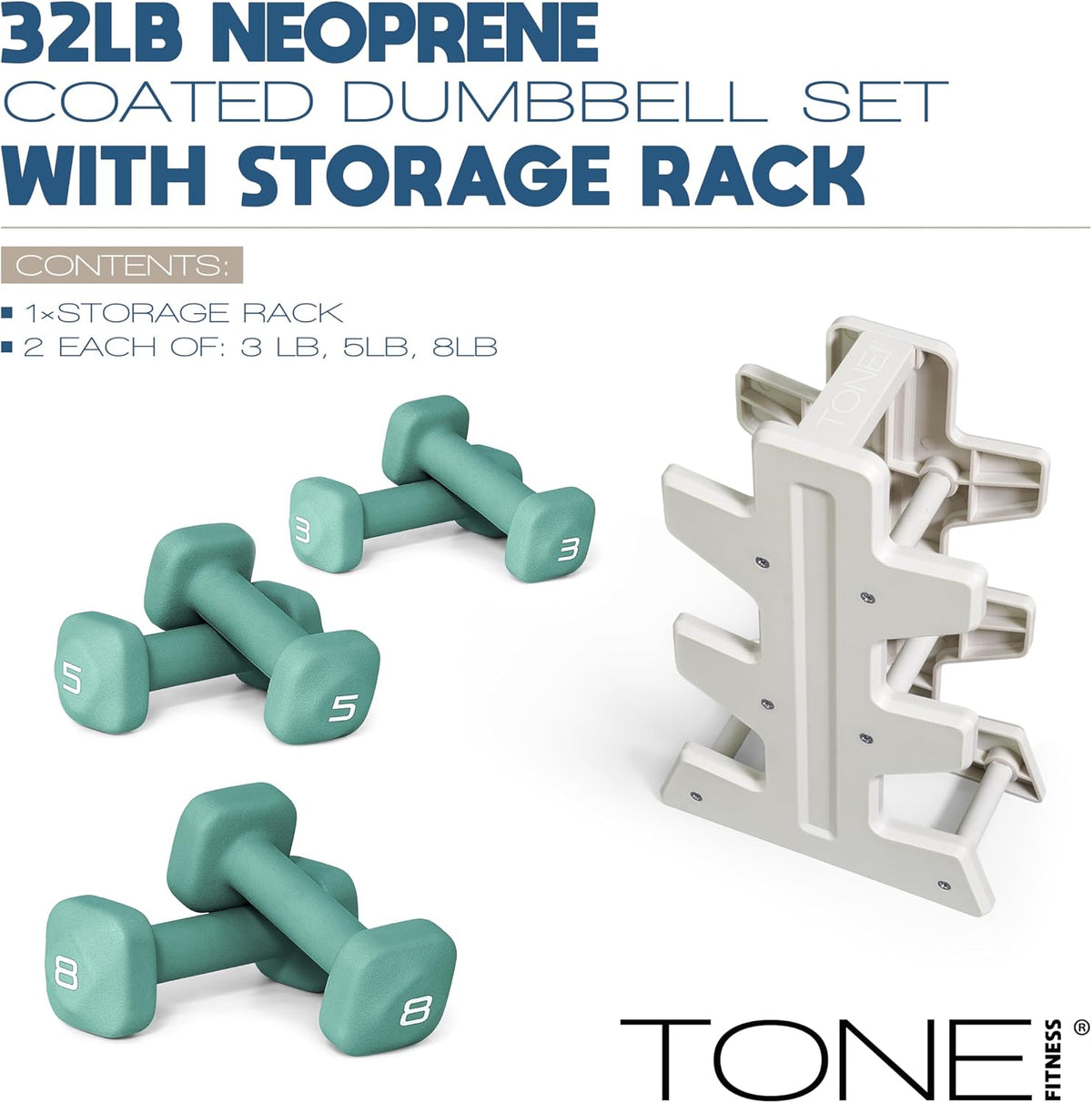 Neoprene Dumbbell Set with Storage Rack – Non-Slip, Anti-Roll Hand Weights for Home Gym Workouts | 20 lb, 32 lb, 50 lb, 60 lb & 100 lb Options